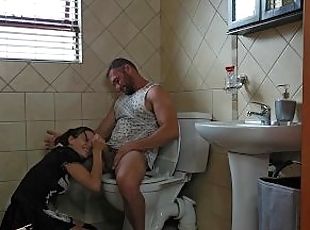 French maid gives BLUMKIN,CUM shot after gagging