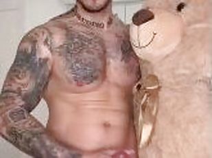 BoyGym hunk tattoed boy play with his cock and teddy bear