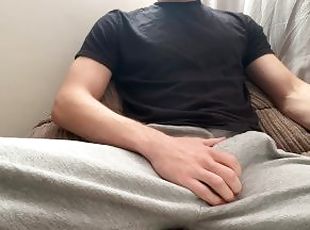 Horny Guy In Sweatpants Masturbates His Big Cock Until Moaning Cumshot