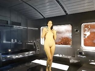 Bathroom Piss. Naked reading. High tech room in cosmos. Julia V Earth.