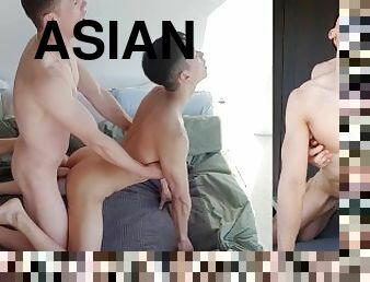 asiático, cuatro-patas, chorro-de-corrida, interracial, gay, pareja, corrida, blanca, gay-joven