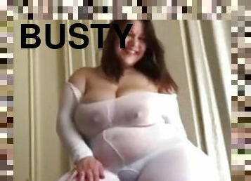 Busty bbw in white fishnets teases