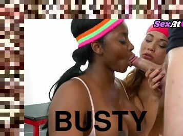 Busty black gym babe shares cock in sporty trio