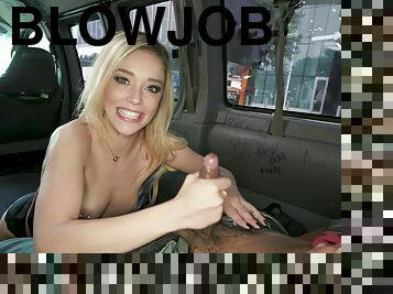 Petite blonde devours whole cock while being taped in the bang bus
