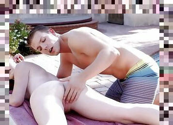 Hot redhead teen bends over for huge dick by the pool