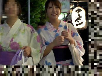 Erection in a nasty beauty peeking from a bare yukata