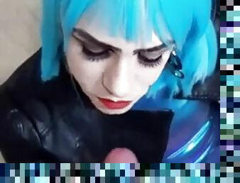 Blue haired goth t-girl sucks big cock