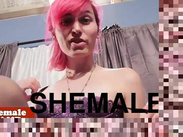 Redhead shemale jerks off until she cums