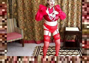 MariaOld, hot busty grandma lady in red, teases in red stockings and high heel shoes