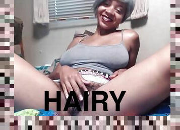 Hairy naughty ebony coed girl with a sweet smile