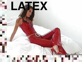Lara: red latex top & trousers