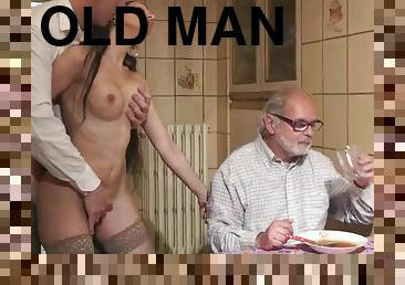 Stranger fuck a girl in front of old man cuckold for money