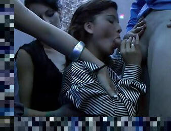 Drunk girl blows hard dick in the night club