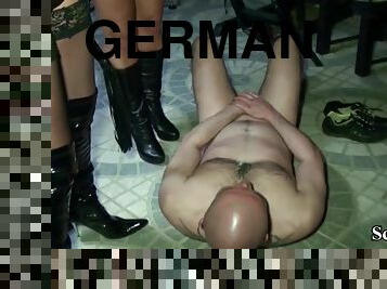 Two german milfs femdom boy and seduce him to fuck in latex