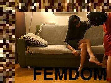 Mistress teases submissive wearing femdom chastity cage