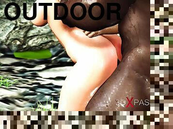 Outdoor hot sex! Big black cock fucks hard a sexy blonde in the island