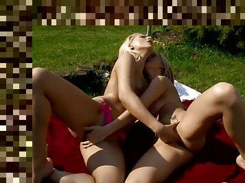 Hotties in the grass go down on sexy vagina