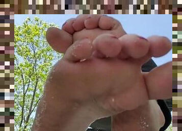 Gardening & Dangling Sexy Wide Feet Red Toenails Dirty Soles Barefoot Outside Female