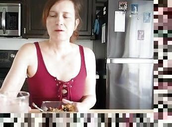 Aurora Willows asmr  eating breakfast in red bodysuit