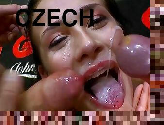 beule-schuss, immens-glied, tief-in-die-kehle, gangbang, gruppensex, schlucken, gesichts, beule, bukkake, czech