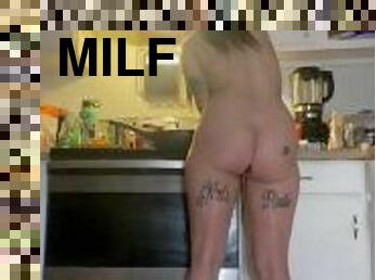 Milf with butt plug cooking dinner caught