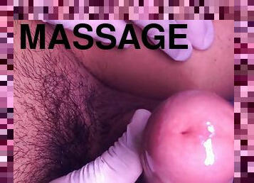 Uncut cock close up and cum in latex gloves in slow motion at the end