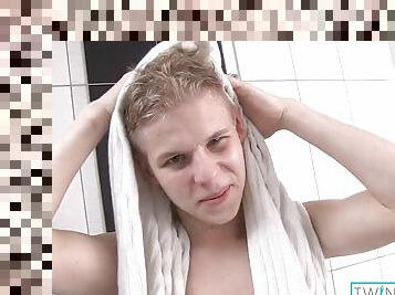 Cute and horny teen Matthew pounds his meat after taking a shower