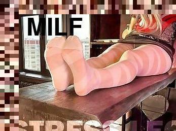 collants, milf, pieds, fétiche, maîtresse, blanc, en-nylon, jambes, taquinerie, orteils