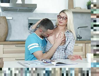 Nerdy blonde receives cock instead of studying