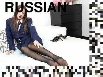 Russian Flight Attendant Melena Maria Rya Slips Out of Uniform and Masturbates in Nylons