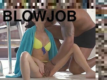 VIP4K. Slender girl and her new swim coach have interracial sex in the pool