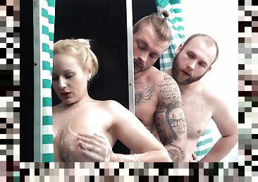 Threesome extreme with a busty blonde on fire