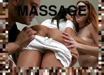 Two hot babes start with end massage in group sex