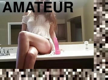 Cute camgirl riding dildo in front of mirror