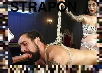 Strapon dominatrix fucks cock sucking sub ass in bisexual threesome