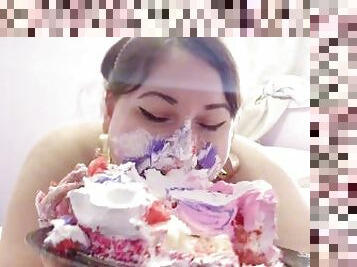 Dirty Girl Klair Celebrates Birthday in Bed Stuffing Cake Down Her Throat Humiliation + Fat Talk