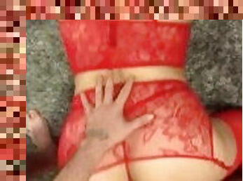 Cheating wife in red lingerie gets fucke in neighbors house