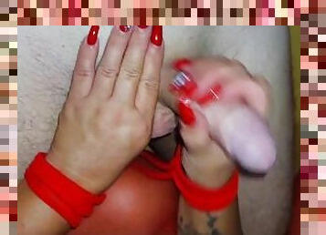 Handcuffed Stepmother in Red Stockings Gets a Hot Creampie