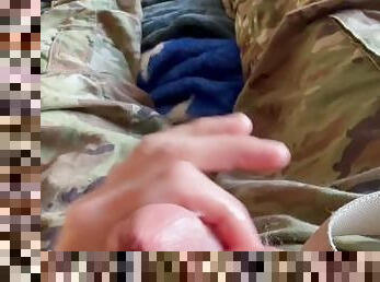 Army soldier jerks off wearing his sarge's red and white boxers and shoots a hot load of cum!