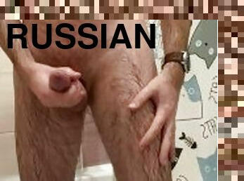 Russian married man jerkoff uncut cock in shower and cum a lot