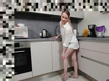 Nicole Looking Sexy In Dress Shirt And Pantyhose Teasing In Kitchen