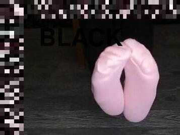 Girl show her Pink socks and black stockings after walk