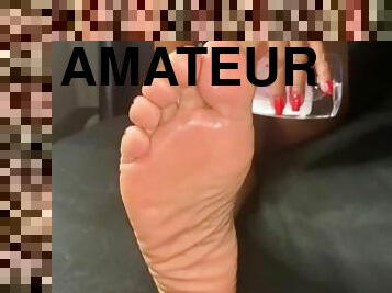 amatör, mogen, mörkhyad, milf, massage, fötter, sprut, ensam