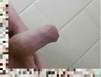 PUBLIC Bathroom Side view of my uncut young cock pissing! ????