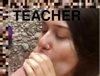 Hot teacher gives amazing blowjob by the river