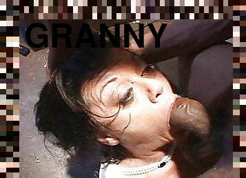 Granny De Bella rims an ass before taking care of 4 BBCs