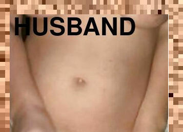 Jerking off my husband until he cums. Big tits. HandJob
