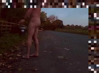 Nude and in stockings in road