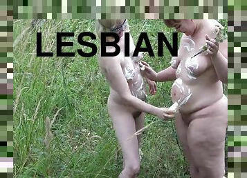 Completely Naked Lesbians With Hairy Pussies Walk In Nature And Get Covered With Ice Cream. Amateur Fetish Of Two Exhibitionists And Food Fetish Ou...