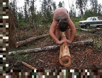 Beating off a log and rubbing it with my feet naked stretch in the rain of this wonderful world